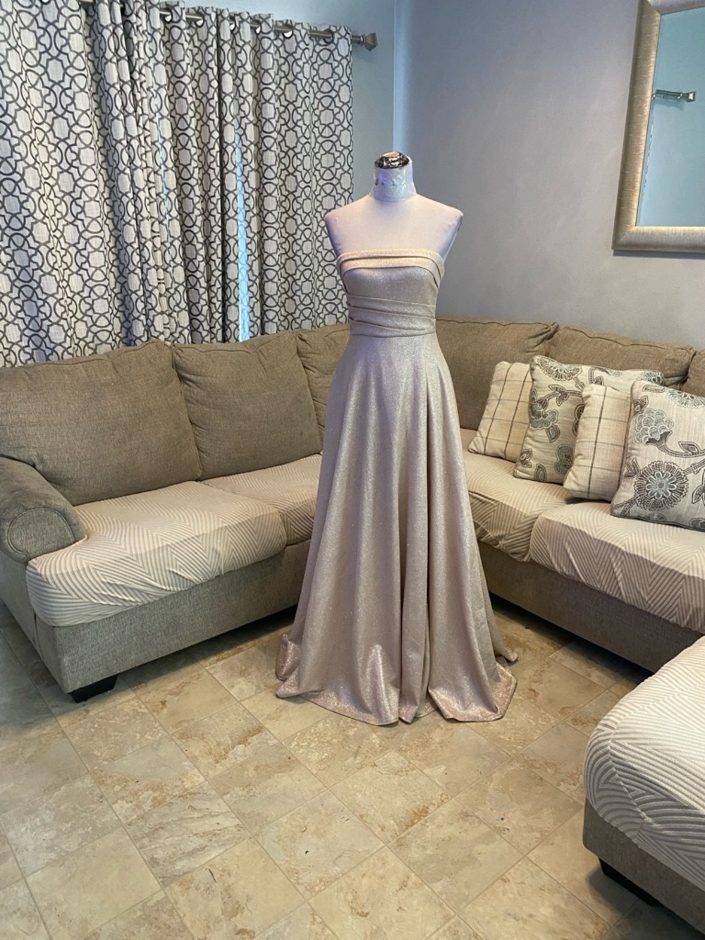 New Windsor XS Strapless champagne shimmery floor-length A-line formal dress